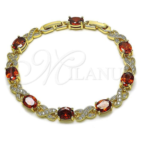 Oro Laminado Tennis Bracelet, Gold Filled Style Hugs and Kisses Design, with Garnet and White Cubic Zirconia, Polished, Golden Finish, 03.206.0001.07