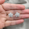 Sterling Silver Stud Earring, Flower Design, with White Cubic Zirconia, Polished, Silver Finish, 02.398.0009