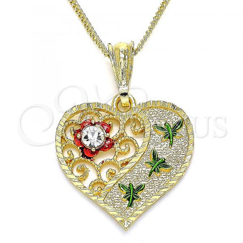 Oro Laminado Pendant Necklace, Gold Filled Style Heart and Dragon-Fly Design, with White Crystal, Polished, Tricolor, 04.351.0019.20