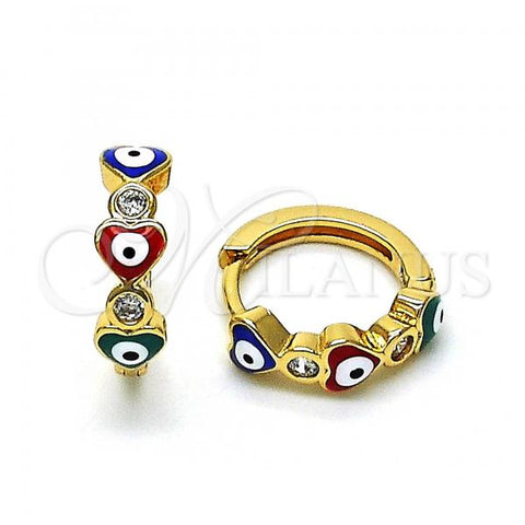 Oro Laminado Huggie Hoop, Gold Filled Style Evil Eye and Heart Design, with White Cubic Zirconia, Multicolor Enamel Finish, Golden Finish, 02.213.0362.1.15