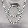 Stainless Steel Necklace and Bracelet, Figaro Design, Diamond Cutting Finish, Steel Finish, 06.116.0043