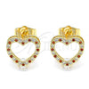 Oro Laminado Stud Earring, Gold Filled Style Heart Design, with Garnet and White Micro Pave, Polished, Golden Finish, 02.94.0093.1