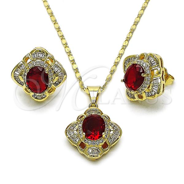 Oro Laminado Earring and Pendant Adult Set, Gold Filled Style Cluster and Baguette Design, with Garnet and White Cubic Zirconia, Polished, Golden Finish, 10.284.0045.2