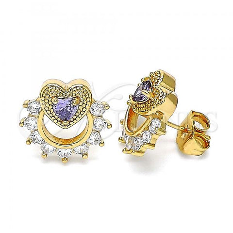 Oro Laminado Stud Earring, Gold Filled Style Heart Design, with Amethyst and White Cubic Zirconia, Polished, Golden Finish, 02.387.0079.1
