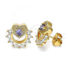 Oro Laminado Stud Earring, Gold Filled Style Heart Design, with Amethyst and White Cubic Zirconia, Polished, Golden Finish, 02.387.0079.1
