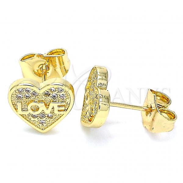 Oro Laminado Stud Earring, Gold Filled Style Heart and Love Design, with White Micro Pave, Polished, Golden Finish, 02.156.0504