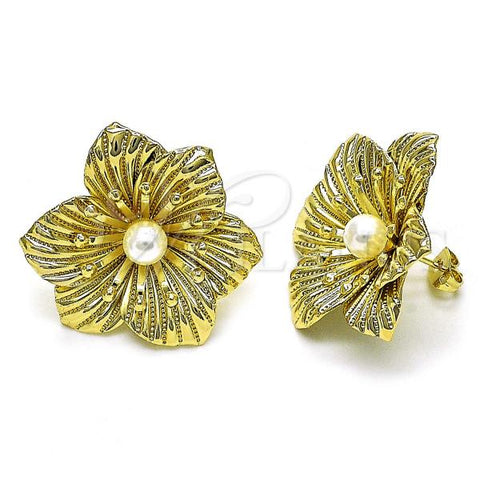 Oro Laminado Stud Earring, Gold Filled Style Flower Design, with Ivory Pearl, Polished, Golden Finish, 02.213.0551