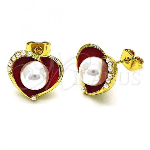 Oro Laminado Stud Earring, Gold Filled Style Heart Design, with Ivory Pearl, Red Enamel Finish, Golden Finish, 02.379.0020.2