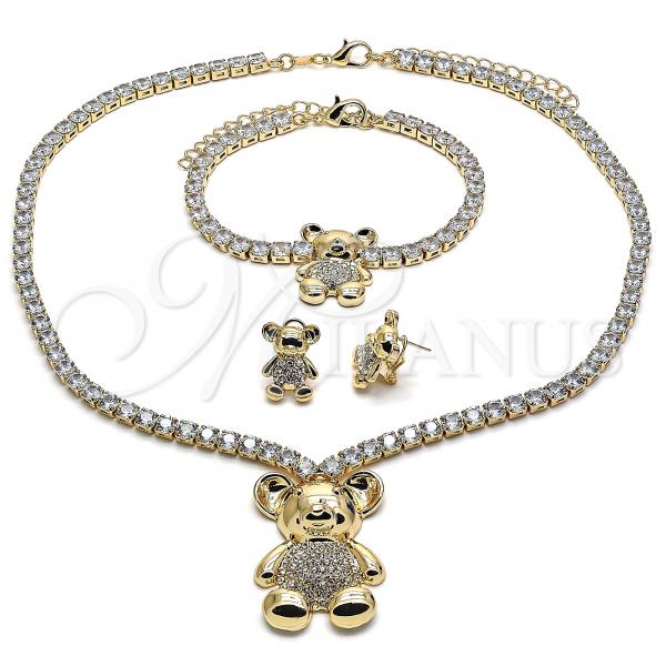 Oro Laminado Necklace, Bracelet and Earring, Gold Filled Style Teddy Bear Design, with White Cubic Zirconia and White Crystal, Polished, Golden Finish, 06.372.0015