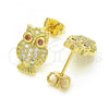 Oro Laminado Stud Earring, Gold Filled Style Owl Design, with Garnet and White Cubic Zirconia, Polished, Golden Finish, 02.342.0065