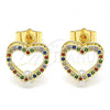 Oro Laminado Stud Earring, Gold Filled Style Heart Design, with Multicolor Micro Pave, Polished, Golden Finish, 02.94.0093.2