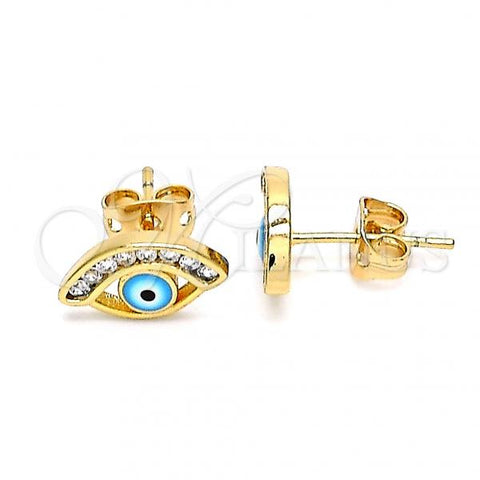 Oro Laminado Stud Earring, Gold Filled Style Evil Eye Design, with White Cubic Zirconia, Light Blue Enamel Finish, Golden Finish, 02.213.0267.1