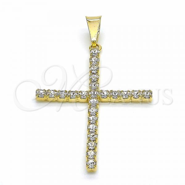 Oro Laminado Religious Pendant, Gold Filled Style Cross Design, with White Cubic Zirconia, Polished, Golden Finish, 05.09.0075