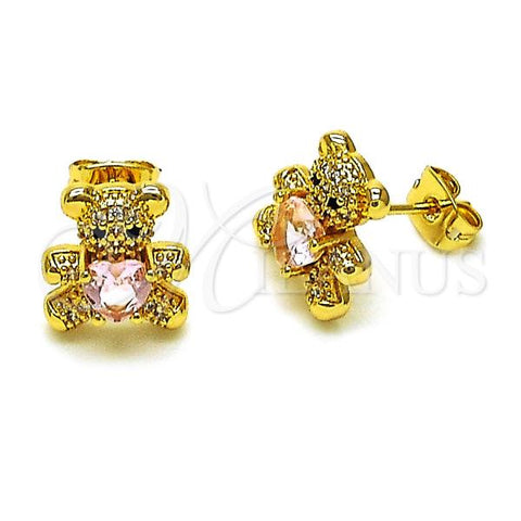 Oro Laminado Stud Earring, Gold Filled Style Teddy Bear Design, with Pink Cubic Zirconia and White Micro Pave, Polished, Golden Finish, 02.342.0286