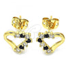 Oro Laminado Stud Earring, Gold Filled Style Heart Design, with Black and White Cubic Zirconia, Polished, Golden Finish, 02.213.0135.2