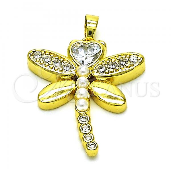 Oro Laminado Fancy Pendant, Gold Filled Style Dragon-Fly Design, with White Cubic Zirconia and Ivory Pearl, Polished, Golden Finish, 05.381.0006