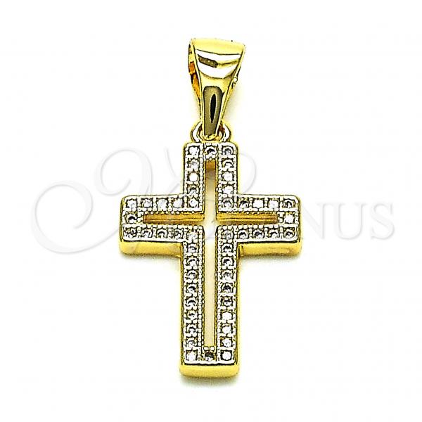 Oro Laminado Religious Pendant, Gold Filled Style Cross Design, with White Micro Pave, Polished, Golden Finish, 05.342.0091