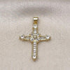 Oro Laminado Religious Pendant, Gold Filled Style Cross and Baguette Design, with White Cubic Zirconia, Polished, Golden Finish, 05.341.0099