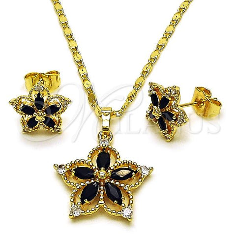 Oro Laminado Earring and Pendant Adult Set, Gold Filled Style Flower Design, with Black Cubic Zirconia, Polished, Golden Finish, 10.196.0185