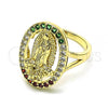 Oro Laminado Multi Stone Ring, Gold Filled Style Guadalupe and Flower Design, with Multicolor Cubic Zirconia, Polished, Golden Finish, 01.380.0022.1.08