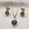 Oro Laminado Earring and Pendant Adult Set, Gold Filled Style Heart and Butterfly Design, with Green and White Cubic Zirconia, Polished, Golden Finish, 10.196.0166