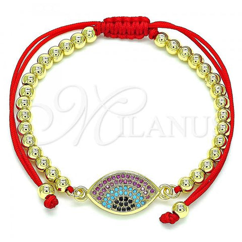 Oro Laminado Adjustable Bolo Bracelet, Gold Filled Style Ball and Evil Eye Design, with Multicolor Micro Pave, Polished, Golden Finish, 03.341.0095.11