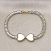 Oro Laminado Fancy Bracelet, Gold Filled Style Heart and Baguette Design, with Ivory Mother of Pearl and White Cubic Zirconia, Polished, Golden Finish, 03.284.0050.2.07