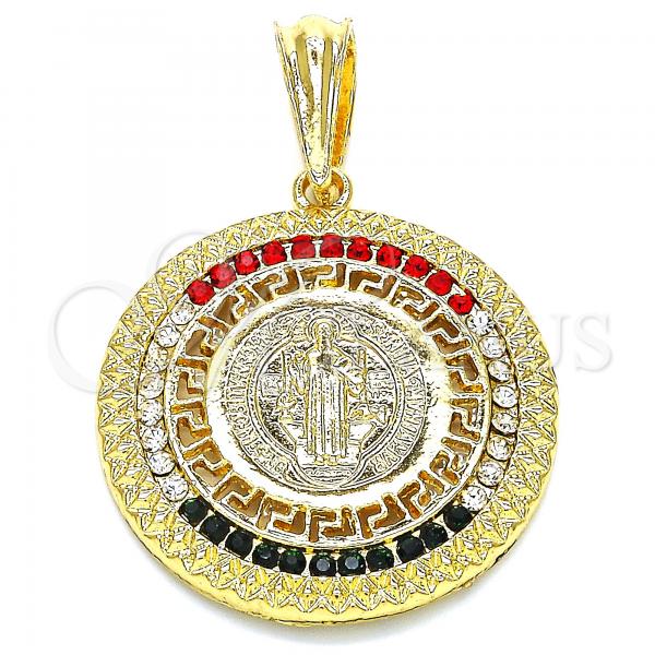 Oro Laminado Religious Pendant, Gold Filled Style San Benito and Greek Key Design, with Orange Crystal, Polished, Golden Finish, 05.351.0002