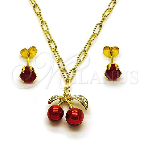 Oro Laminado Earring and Pendant Adult Set, Gold Filled Style Cherry and Paperclip Design, with Garnet Cubic Zirconia, Red Enamel Finish, Golden Finish, 10.417.0026