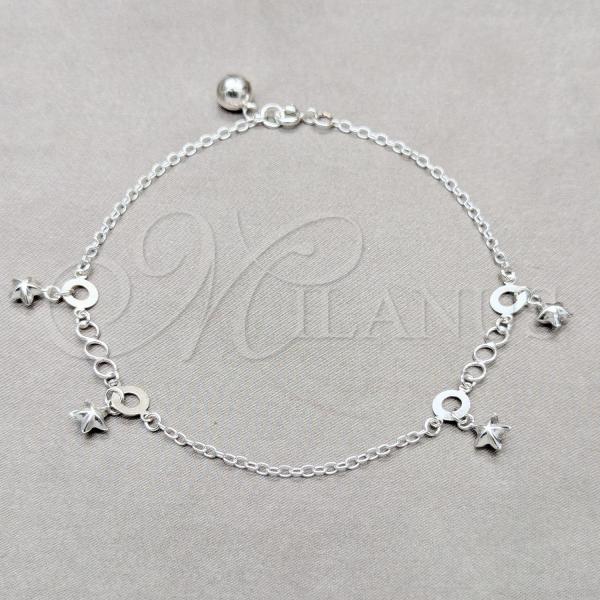 Sterling Silver Fancy Anklet, Star Design, Polished, Silver Finish, 03.409.0061.10