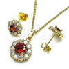 Oro Laminado Earring and Pendant Adult Set, Gold Filled Style Flower Design, with Garnet and White Cubic Zirconia, Polished, Golden Finish, 10.199.0086.7