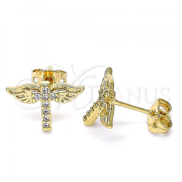 Oro Laminado Stud Earring, Gold Filled Style Cross Design, with White Micro Pave, Polished, Golden Finish, 02.342.0077