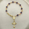 Oro Laminado Bracelet Rosary, Gold Filled Style Guadalupe and Crucifix Design, with Black and Orange Red Azavache, Polished, Golden Finish, 09.63.0109.1.08