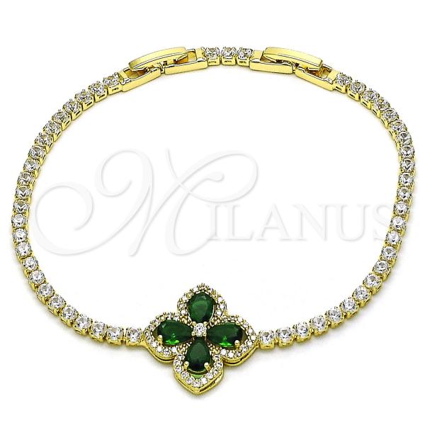 Oro Laminado Tennis Bracelet, Gold Filled Style Flower Design, with Green Cubic Zirconia and White Micro Pave, Polished, Golden Finish, 03.284.0038.08