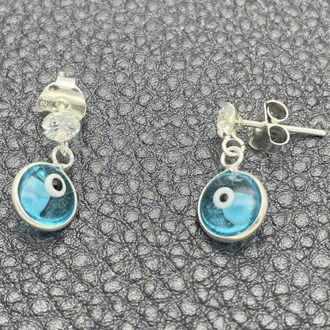 Sterling Silver Long Earring, Evil Eye Design, with Turquoise Crystal and White Cubic Zirconia, Polished, Silver Finish, 02.401.0070