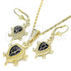 Oro Laminado Earring and Pendant Adult Set, Gold Filled Style Turtle Design, Black Enamel Finish, Golden Finish, 10.351.0005.3