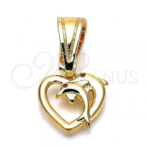 Oro Laminado Fancy Pendant, Gold Filled Style Heart and Dolphin Design, with Garnet Cubic Zirconia, Polished, Golden Finish, 05.120.0093