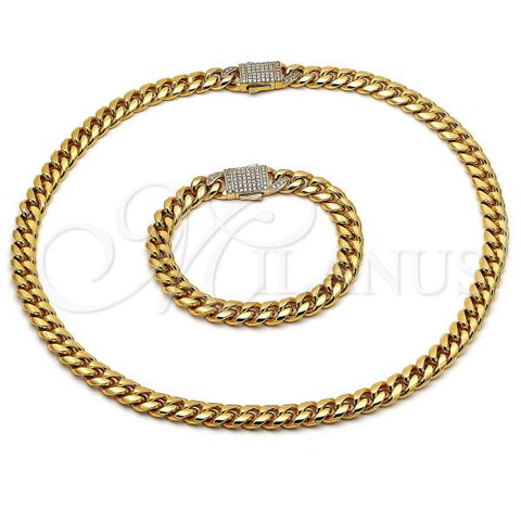 Stainless Steel Necklace and Bracelet, Miami Cuban Design, with White Crystal, Polished, Golden Finish, 06.116.0045.1