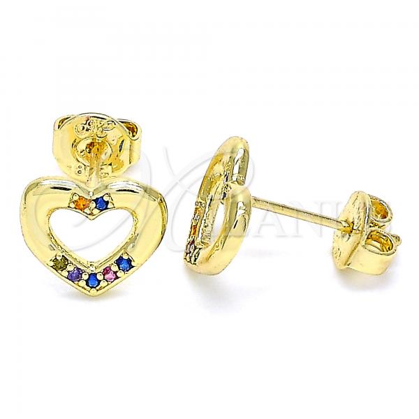 Oro Laminado Stud Earring, Gold Filled Style Heart Design, with Multicolor Micro Pave, Polished, Golden Finish, 02.156.0469.3