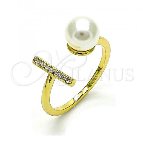 Oro Laminado Multi Stone Ring, Gold Filled Style with Ivory Pearl and White Micro Pave, Polished, Golden Finish, 01.341.0090