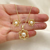 Oro Laminado Earring and Pendant Adult Set, Gold Filled Style Flower and Ball Design, with Ivory Pearl and White Crystal, Polished, Golden Finish, 10.156.0085
