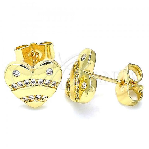 Oro Laminado Stud Earring, Gold Filled Style Heart Design, with White Micro Pave, Polished, Golden Finish, 02.156.0521