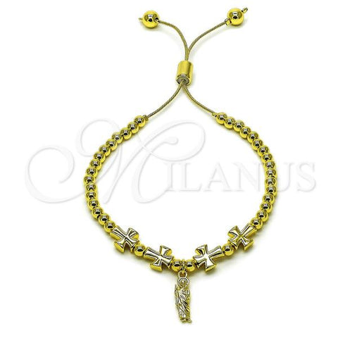 Oro Laminado Adjustable Bolo Bracelet, Gold Filled Style San Judas and Cross Design, Polished, Golden Finish, 03.341.0237.11