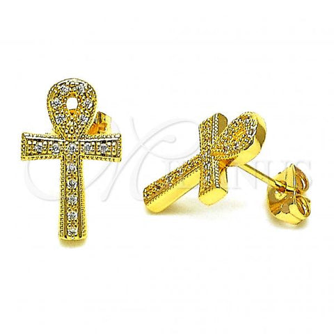 Oro Laminado Stud Earring, Gold Filled Style Cross Design, with White Micro Pave, Polished, Golden Finish, 02.342.0257
