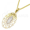 Oro Laminado Pendant Necklace, Gold Filled Style Guadalupe Design, Polished, Tricolor, 04.106.0052.20