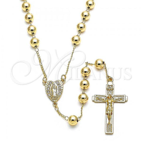 Oro Laminado Medium Rosary, Gold Filled Style Guadalupe and Crucifix Design, with White Micro Pave, Polished, Golden Finish, 09.253.0041.26