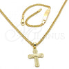 Oro Laminado Earring and Pendant Children Set, Gold Filled Style Cross Design, Diamond Cutting Finish, Golden Finish, 06.63.0183