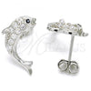 Sterling Silver Stud Earring, Dolphin Design, with White and Black Cubic Zirconia, Polished, Rhodium Finish, 02.336.0116