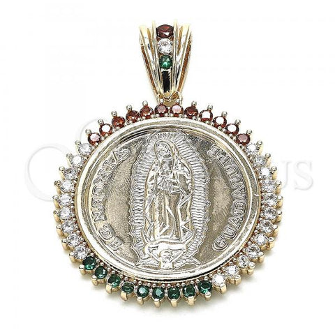 Oro Laminado Religious Pendant, Gold Filled Style Guadalupe and Centenario Coin Design, with Multicolor Cubic Zirconia, Polished, Golden Finish, 05.63.1159.1