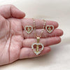 Oro Laminado Earring and Pendant Adult Set, Gold Filled Style Heart and San Judas Design, with White Cubic Zirconia, Polished, Golden Finish, 10.411.0011